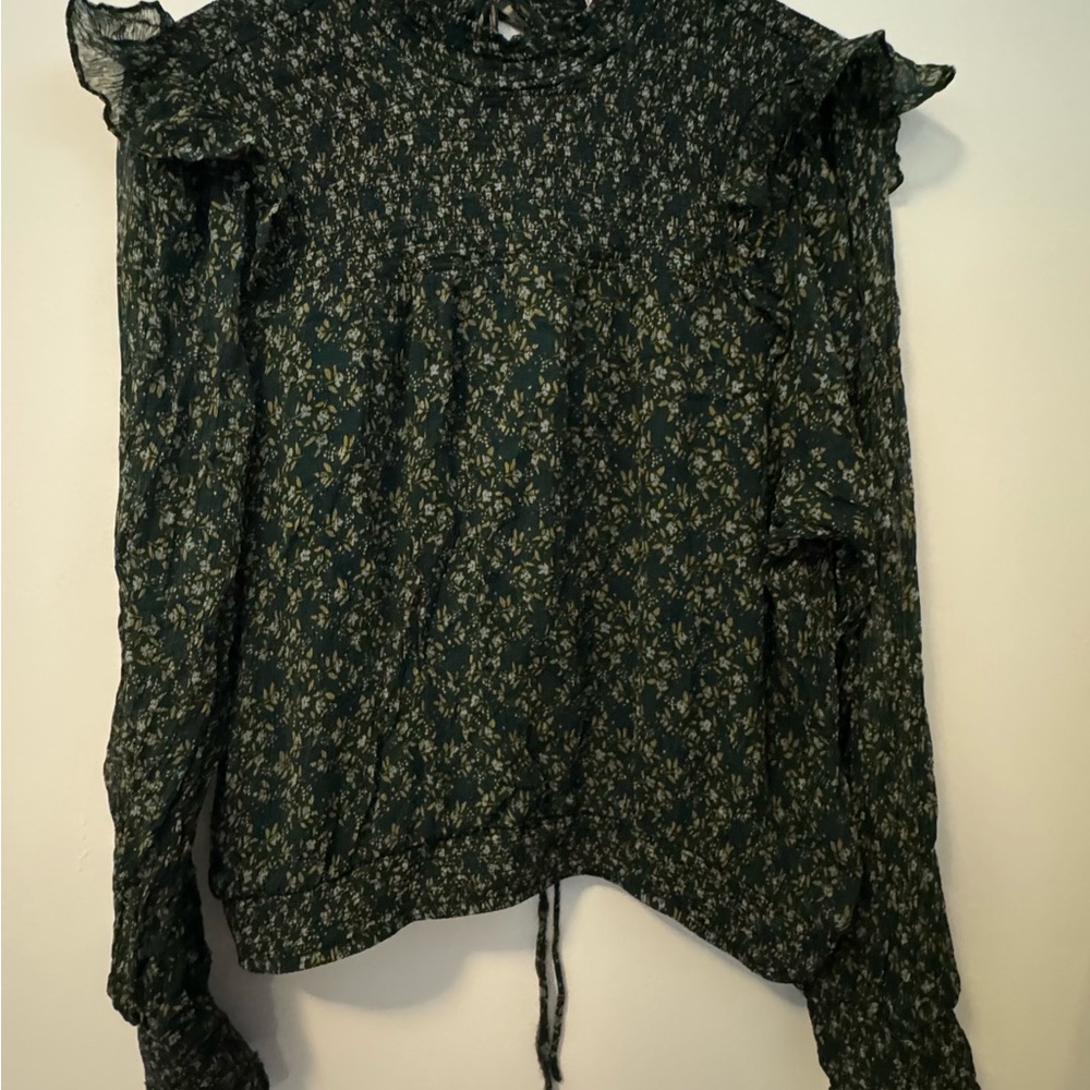 Free People Black and Green Ruffled Tie back Blouse